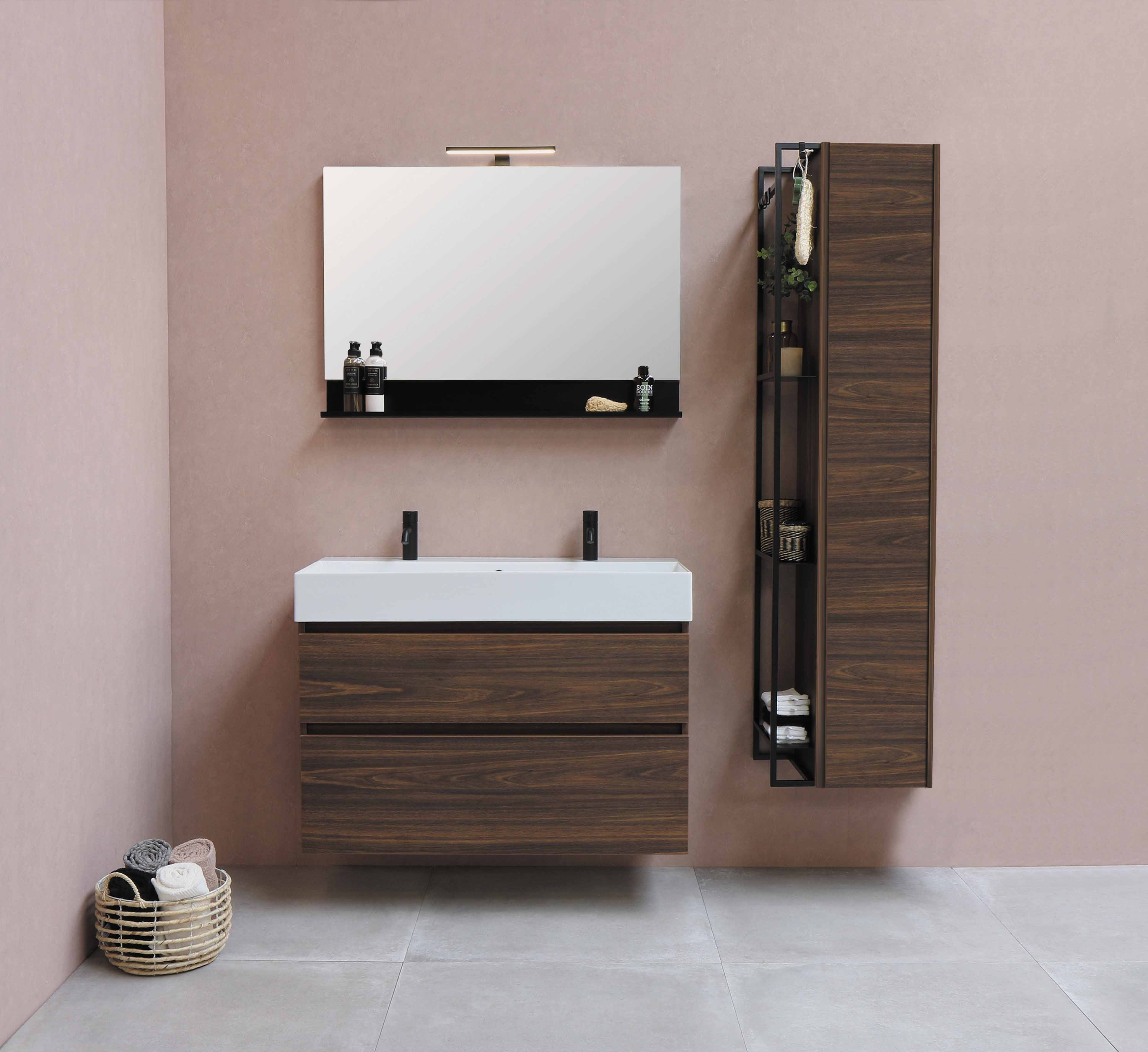 Wooden vanity and mirror in bathroom