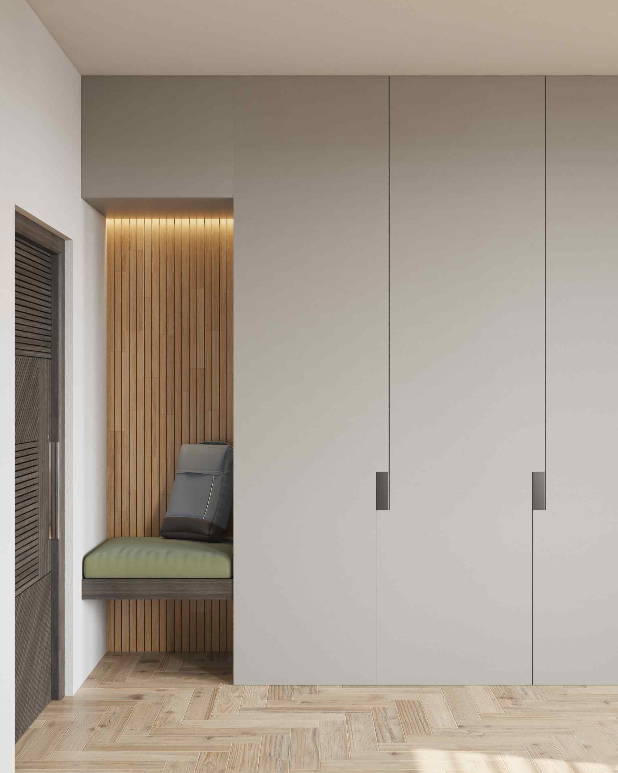 A contemporary room featuring a bench and a wall of closets, providing ample storage space and a stylish seating area