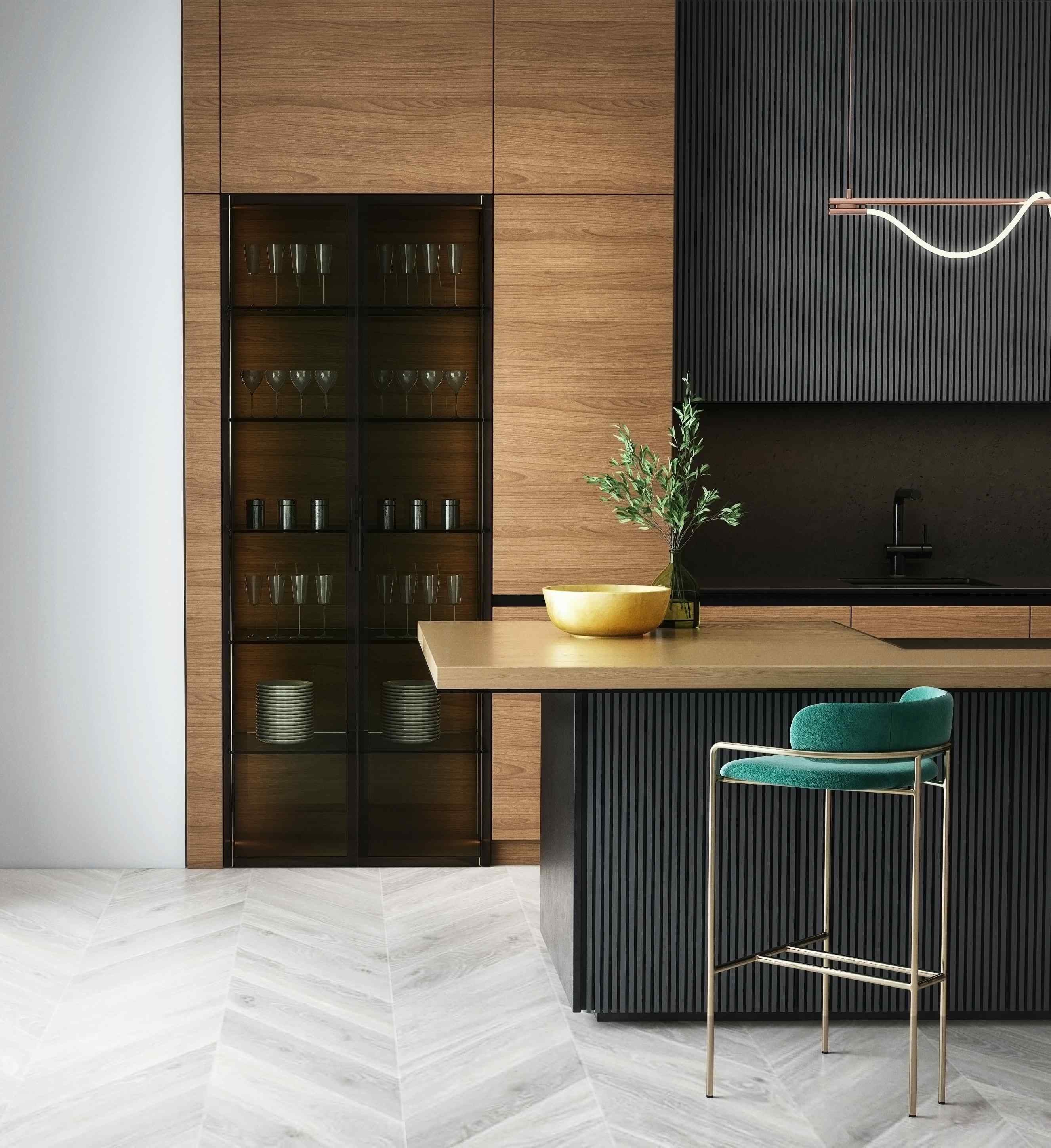 Sophisticated kitchen showcasing wooden cabinets and a sleek black countertop