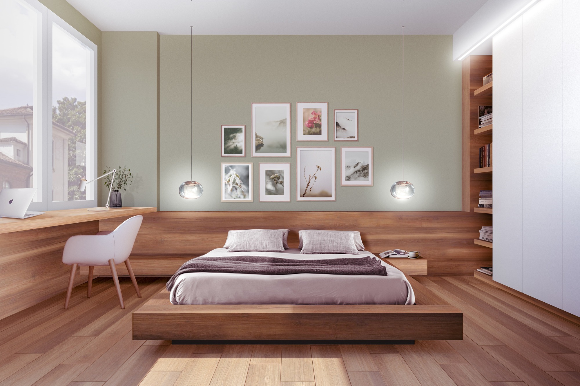 A modern bedroom showcasing warm wooden floors and a cozy bed